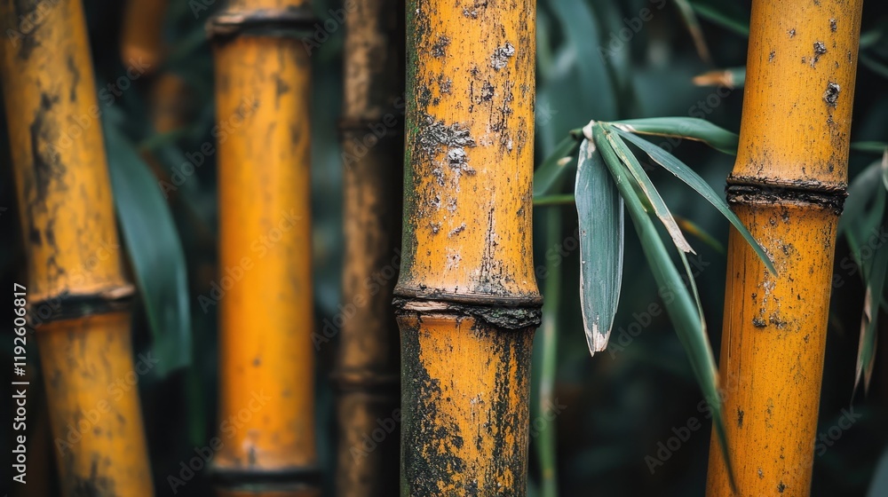 Poster worn and weathered bamboo stalks surrounded by lush green leaves in a natural setting showcasing tex