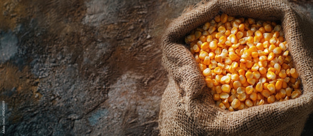 Poster Corn kernels in burlap sack on rustic background showcasing natural ingredients with space for culinary text or product promotion