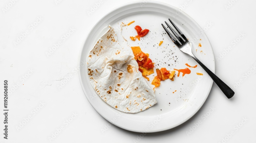 Poster crumpled plate and fork with remnants of traditional taco on minimalistic white background showcasin