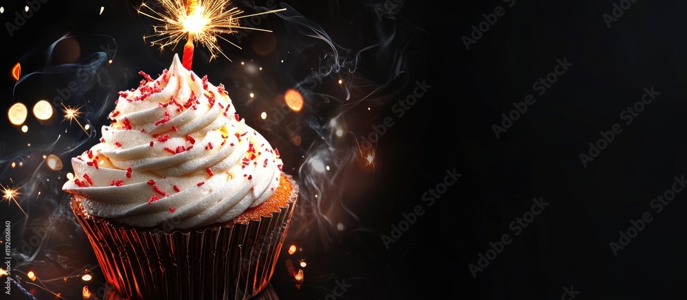 Leinwandbilder festive vanilla cream cupcake with sparkler on dark background and space for customizable text
