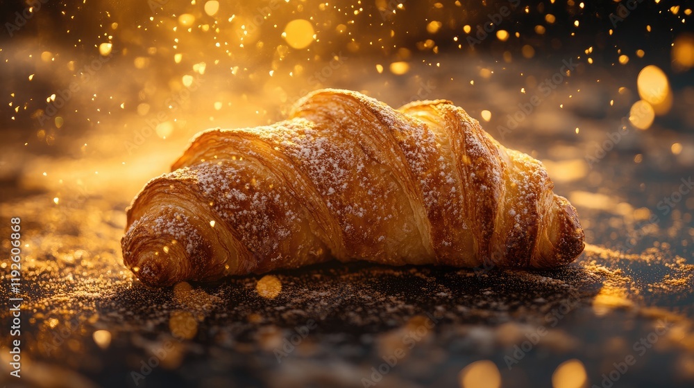Poster elegant croissant sprinkled with sugar showcased against a bokeh background of warm, glowing lights 
