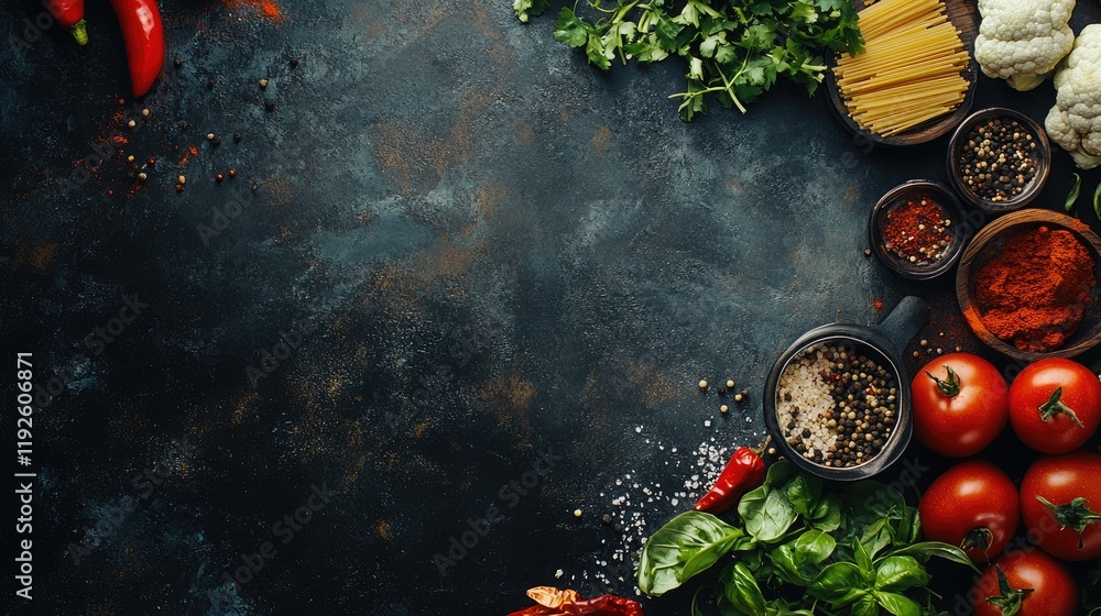 Poster Fresh vegetables spices and pasta arranged on a rustic surface for culinary backgrounds with ample space for text or design elements