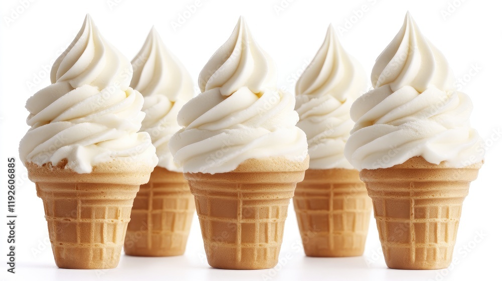 Poster classic vanilla ice cream cones in a row against a clean white backdrop showcasing a tempting desser