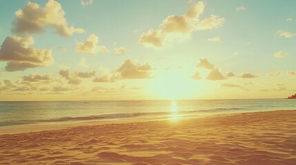 Tranquil yellow sunset over calm ocean waves with fluffy clouds and sandy beach creating a serene horizon view for relaxation and escape.