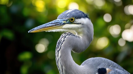 Close up portrait of a senior great grey heron showcasing its striking features and vibrant colors against a blurred natural background