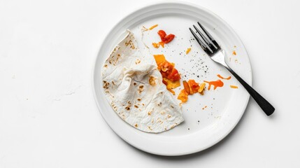 Crumpled plate and fork with remnants of traditional taco on minimalistic white background showcasing leftover food and dining concept.