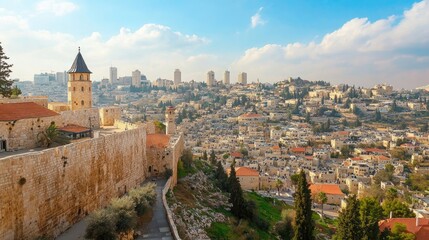 Fototapeta premium Scenic panoramic view of Jerusalem showcasing historic architecture and modern skyline under a bright blue sky