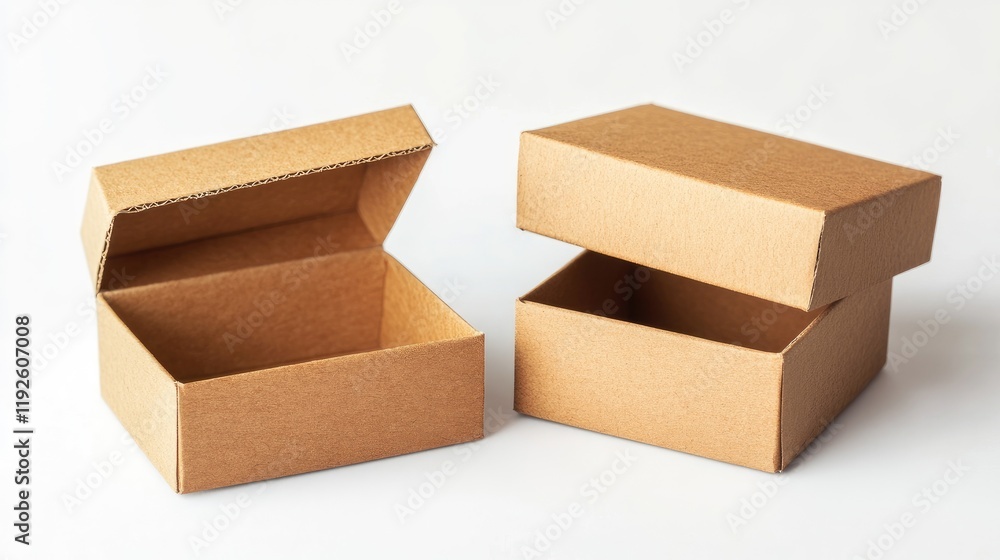 Poster empty cardboard boxes displayed isolated on a white background for packaging and shipping concepts