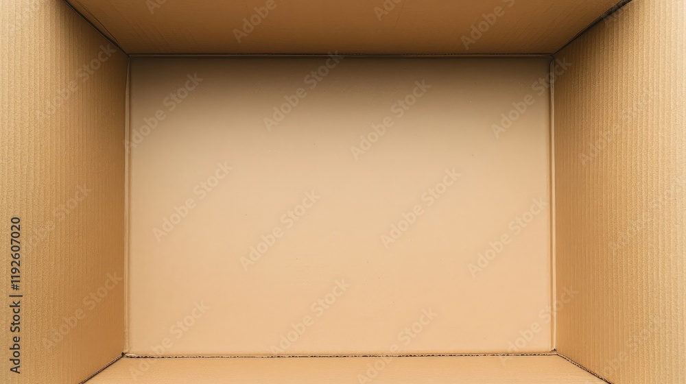 Poster flat lay of empty cardboard packing box for shipping and organizing items with blank space for desig