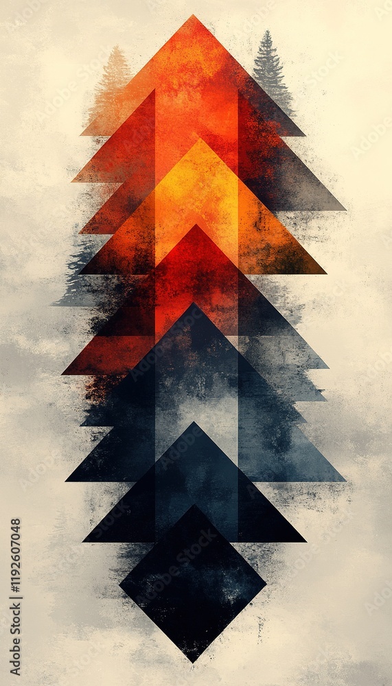 Poster upward arrow triangles with misty forest background for design