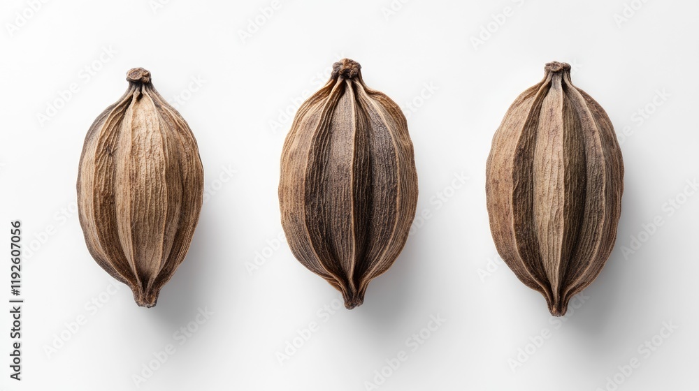 Poster dried cardamom pods arranged on a white background showcasing their unique texture and shape in a cl