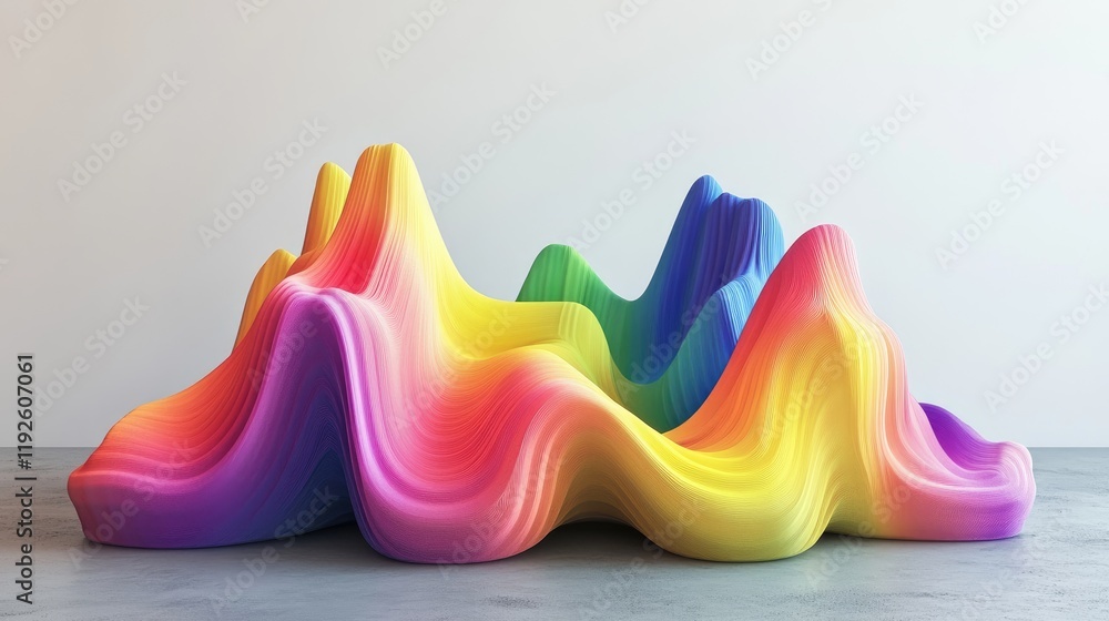Poster colorful 3d abstract waves with rainbow stripes on light gray background creative design concept