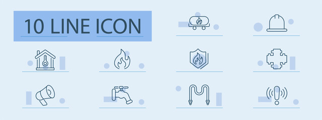 Fire safety set icon. Thermometer, flame, tank, helmet, cross, megaphone, tap, pipe, shield, warning.