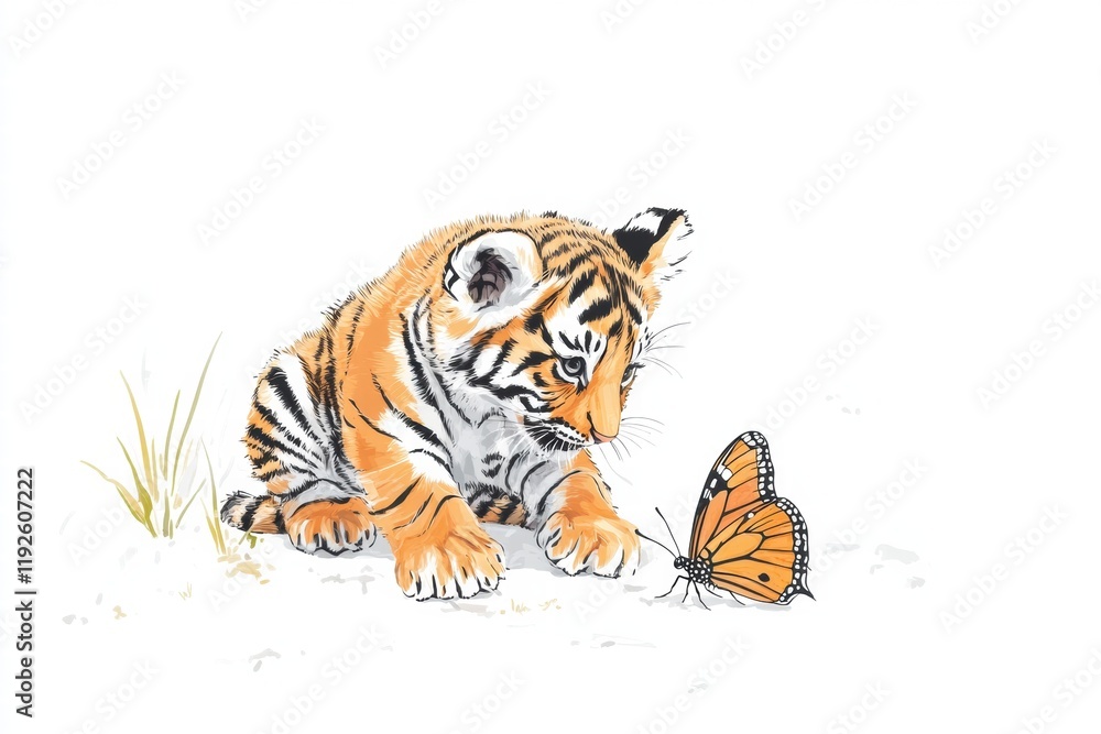 Poster curious tiger cub watches a butterfly in a serene natural setting during a sunny day. generative ai