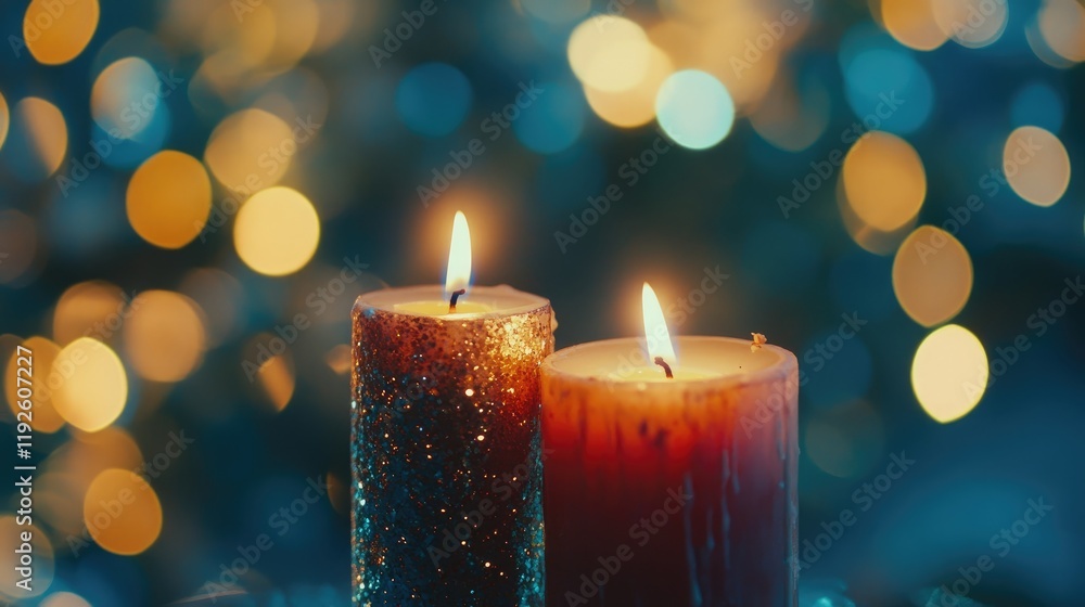 Poster Bokeh effect featuring two lit candles with a blurred background of colorful festive lights creating a warm and inviting atmosphere
