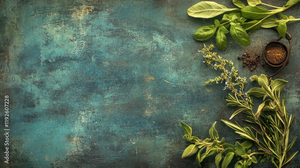 Poster herbs and spices flat lay on textured background for culinary themes