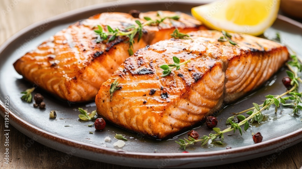 Poster grilled salmon fillets garnished with herbs and lemon slice on a rustic plate