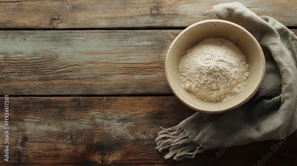 Poster bowl of flour on wooden table with rustic cloth and space for culinary text or recipe insights