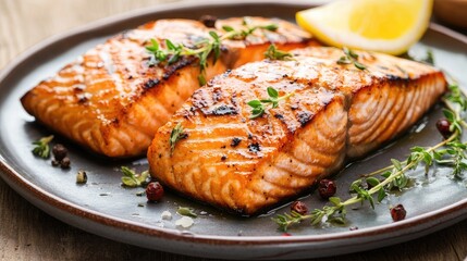 Grilled Salmon Fillets Garnished with Herbs and Lemon Slice on a Rustic Plate