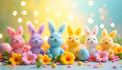 Colorful Easter bunnies with flowers against a bright background