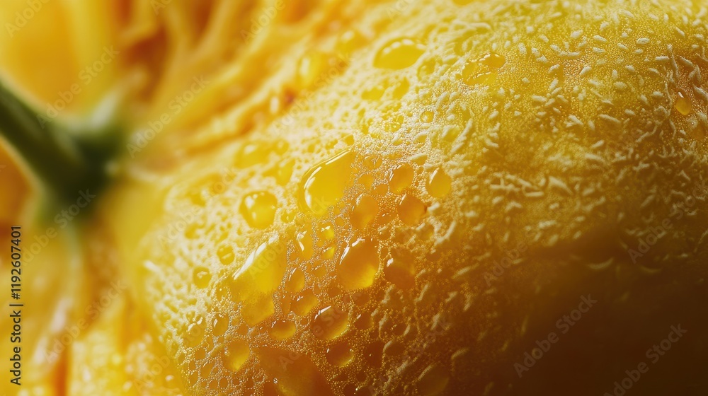 Poster close up of a dew-kissed yellow melon highlighting texture and freshness on the vine in a lush garde