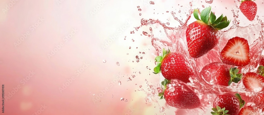Fototapete Fresh strawberries splashing in vibrant water with a soft pink background creating ample space for promotional text or captions.