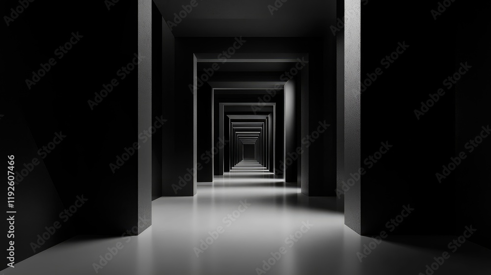 Poster 3d rendered dark minimalist interior design with recessed lighting and geometric perspective for con