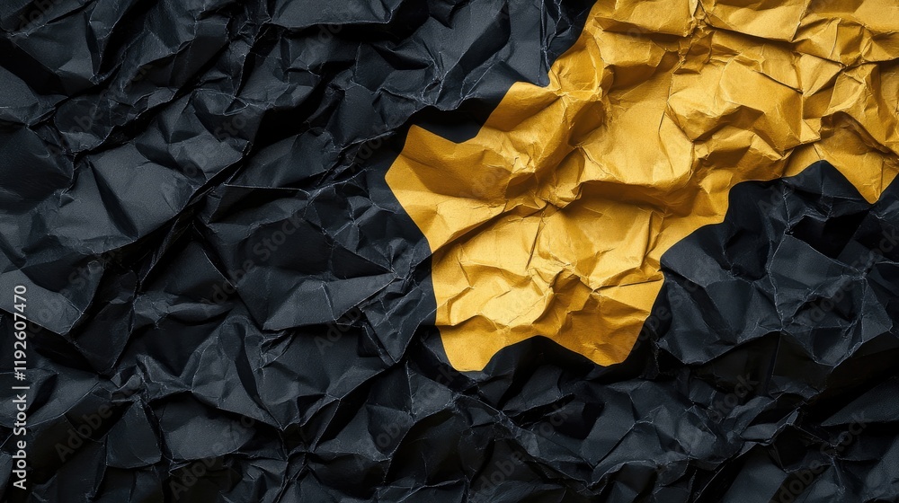 Aufkleber crumpled paper texture with contrasting dark black and vibrant golden yellow shades creating an arti