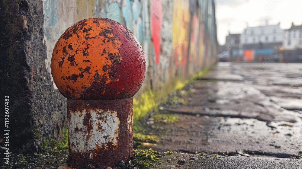Aufkleber rusty bollard with orange and red paint against a vibrant graffiti background on a wet cobblestone s