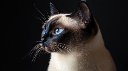 Siamese cat portrait with striking blue eyes and contrasting dark features against a black background
