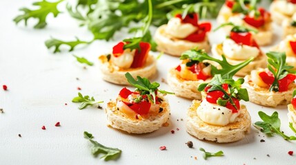 Canapes topped with cheese and vegetables arranged artistically with arugula and cilantro on a light background garnished with spices