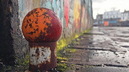 Rusty bollard with orange and red paint against a vibrant graffiti background on a wet cobblestone surface in an urban setting.