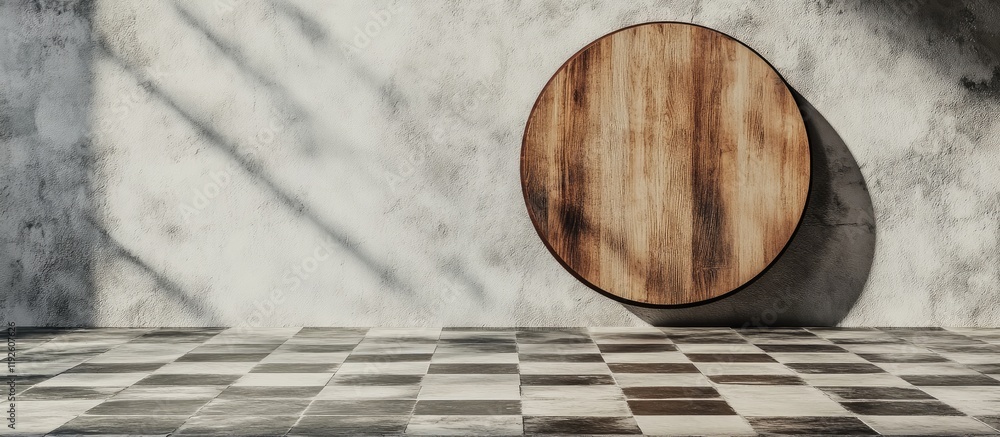 Poster wooden circular sign against a textured wall and tiled floor providing a blank space for branding or
