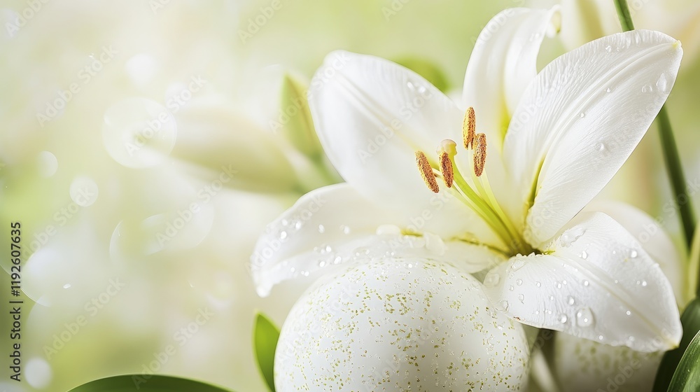 Poster elegant white easter egg adorned with dew drops against a soft lily floral backdrop in a serene spri