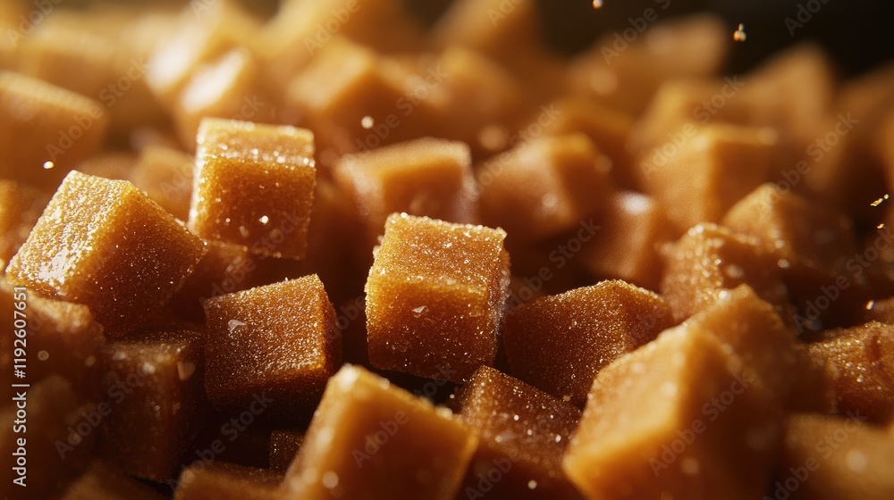 Poster close up view of organic brown sugar cubes with sparkling grains on a dark background