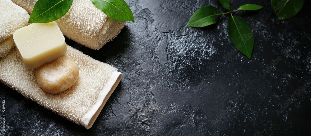 Aufkleber Spa essentials with soap and towel on dark textured background natural beauty concept with empty space for your text or branding