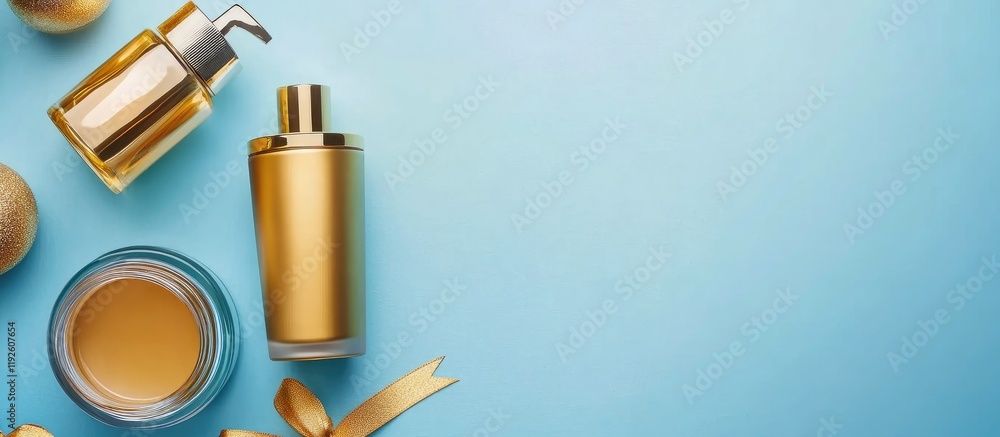 Poster Golden men's grooming products flat lay on blue background with ample empty space for text and branding elements
