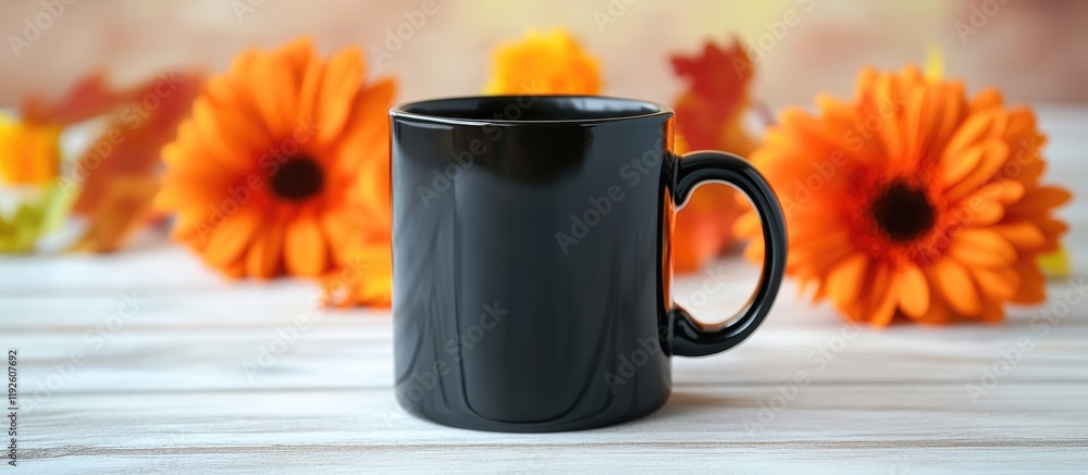 Poster black coffee mug on white wooden table with vibrant orange flowers background and ample copyspace fo