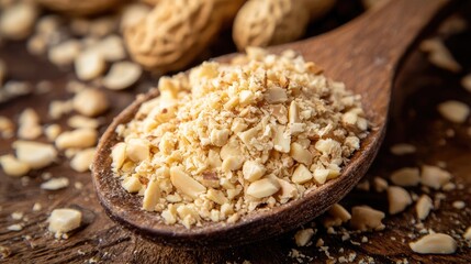 Crushed peanuts on wooden spoon with rustic background highlighting natural textures and earthy tones