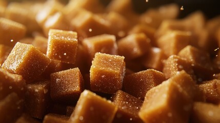 close up view of organic brown sugar cubes with sparkling grains on a dark background
