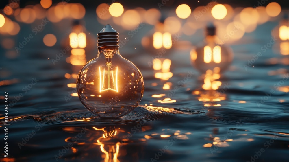 Poster bokeh of glowing light bulbs floating on water surface with soft reflections and dreamy background a