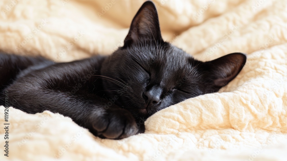 Poster Black cat sleeping softly on a cozy textured blanket with eyes closed creating a serene atmosphere perfect for text overlay