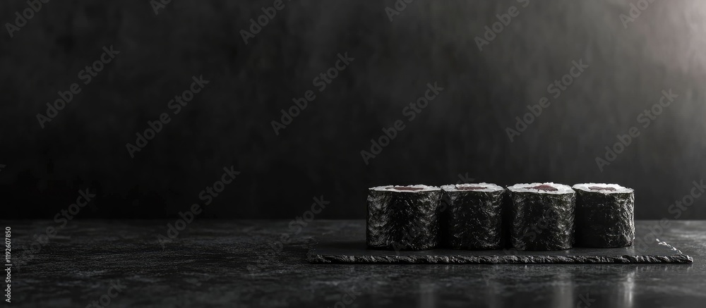 Aufkleber Sleek black sushi rolls on a dark table with textured background and ample empty space for creative text or branding elements