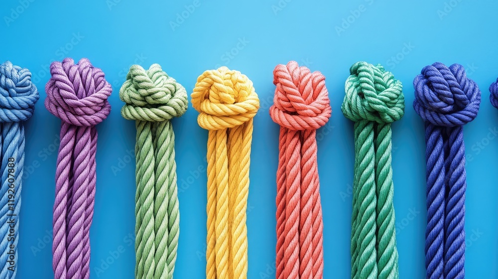 Poster Colorful ropes intricately knotted and arranged side by side on a vibrant blue canvas background showcasing texture and contrast.