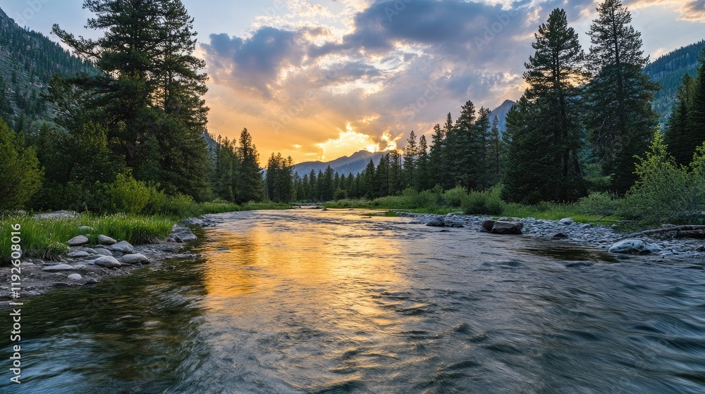 Poster scenic river landscape at sunset with pine trees reflecting in the water creating a serene and tranq