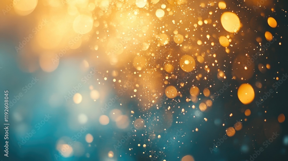 Poster Warm tone bokeh lights with a blurred background creating an abstract, shimmering effect in golden and blue hues for artistic presentations