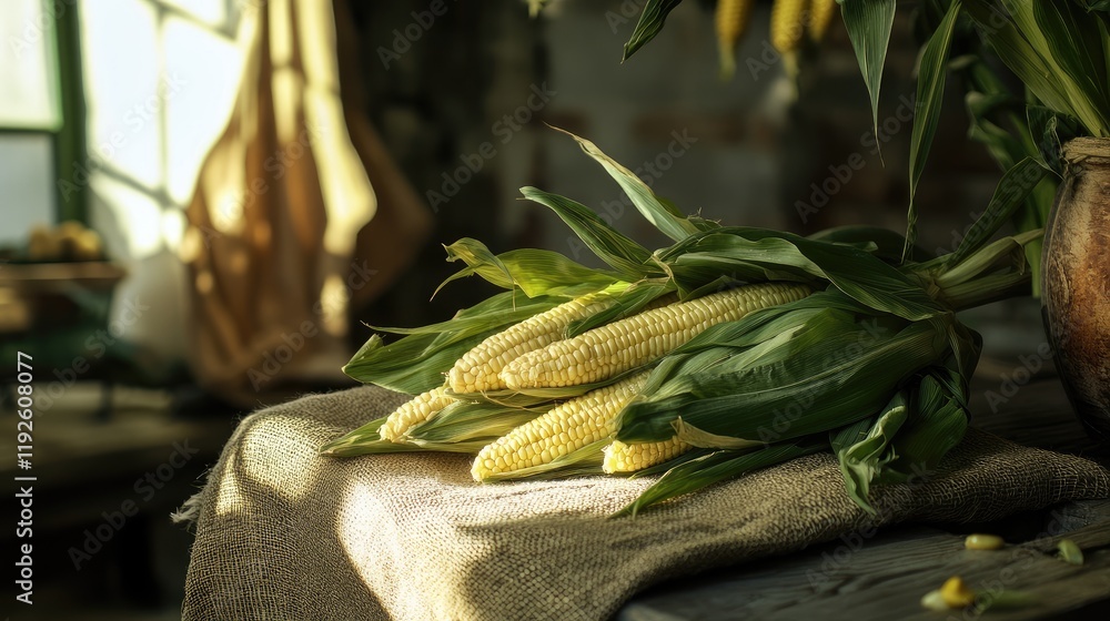 Poster freshly harvested sweet corn displayed on a rustic table with natural light highlighting its vibrant