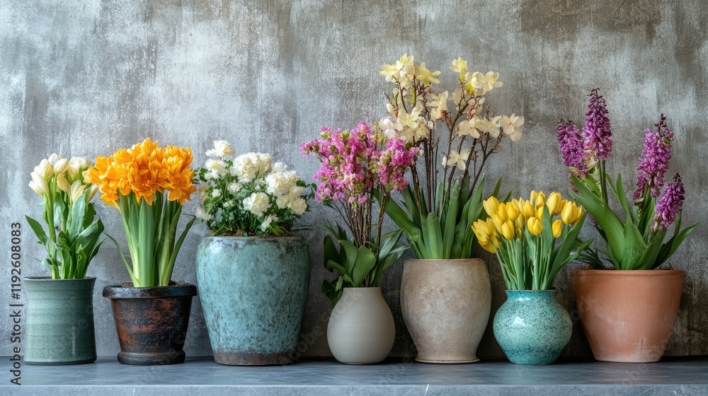 Aufkleber colorful spring flowers elegantly displayed in various pots against a textured background showcasing