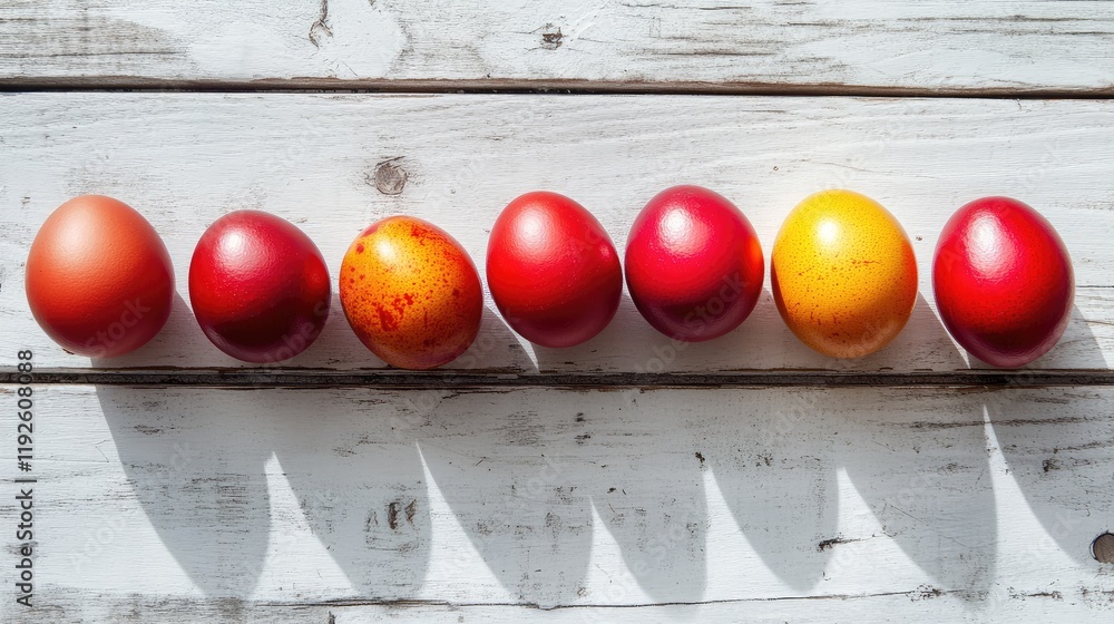 Poster colorful assortment of red easter eggs arranged on a rustic white wooden table casting beautiful sha