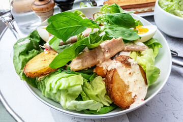 Nicoise salad at a street cafe in Paris. France. Traditional French salad with fish, green leaves, potatoes, and a special dressing